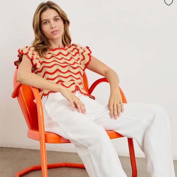 NWT! Rails Coen Top/Cherry and Oat Striped/Cotton/Crochet/Scalloped/Ruffles - Picture 2 of 8